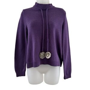 Elorie Sweater Womens Medium Purple Mock Neck Cashmere Blend Pom Pom Hem